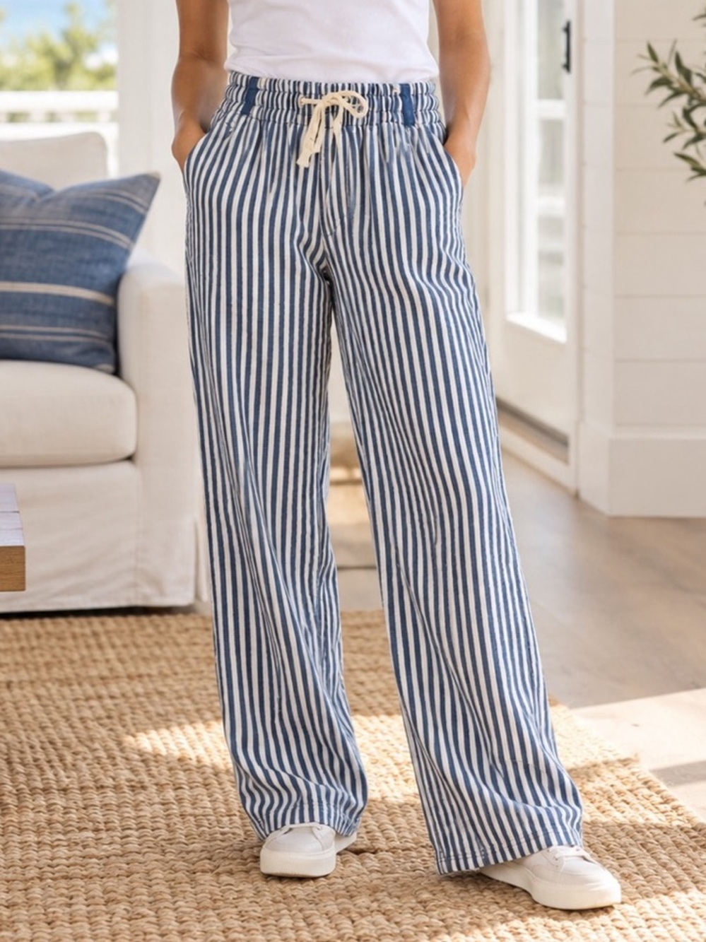 Kensie Blue White Striped Drawstring Wide Leg Pants M Coastal Casual Stretchy